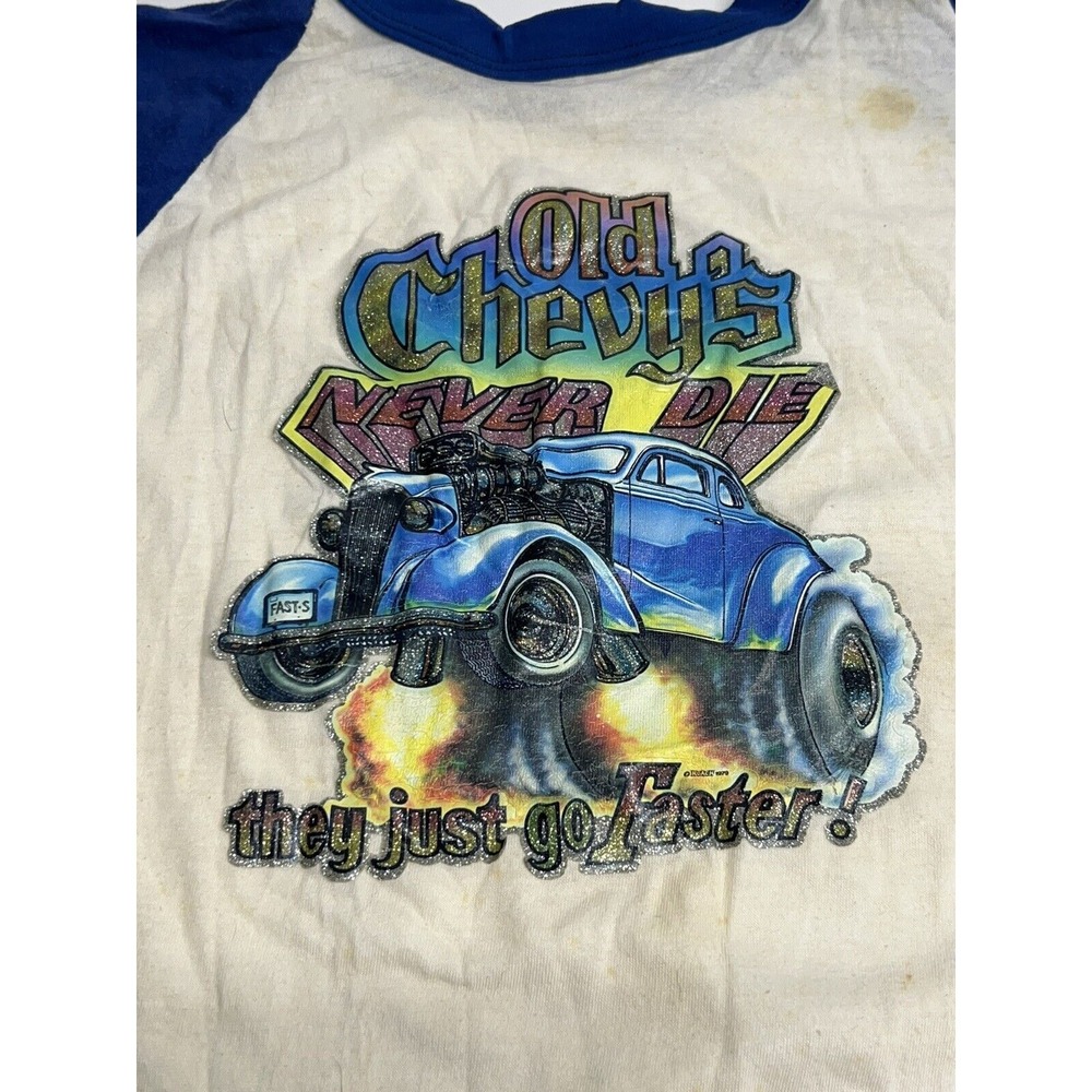 Vintage 80s Sportswear Chevy Never Dies Glitter Raglan T-Shirt Blue White M